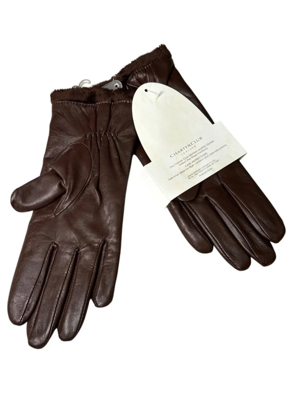 NEW Charter Club Brown Leather Gloves Women's M Super Soft Microfur Lined NWT